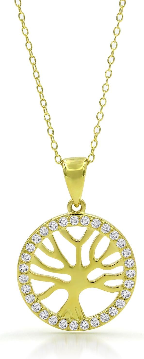 925 Sterling Silver Gold Plated Tree of Life Halo Disc Pendant Necklace