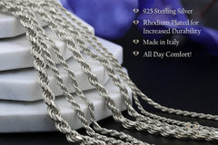 925 Sterling Silver 3mm Solid Rope Diamond Cut Rhodium Chain