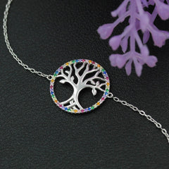 925 Sterling Silver Micro Pave Rainbow Tree of Life Disc Bracelet