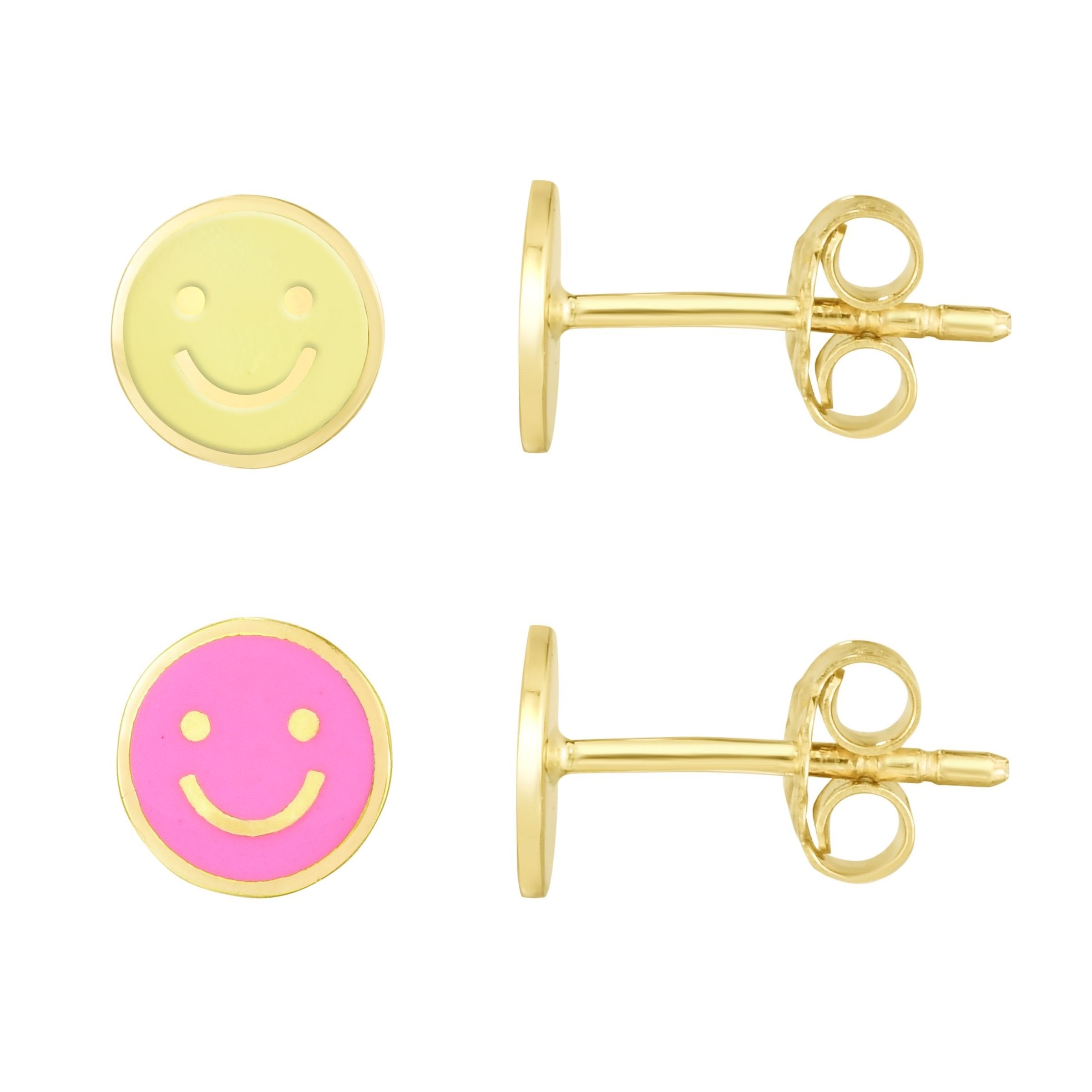 14K Yellow Gold Enamel Smiley Face Emoji Minimalist Stud Earrings