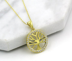 925 Sterling Silver Gold Plated Tree of Life Halo Disc Pendant Necklace