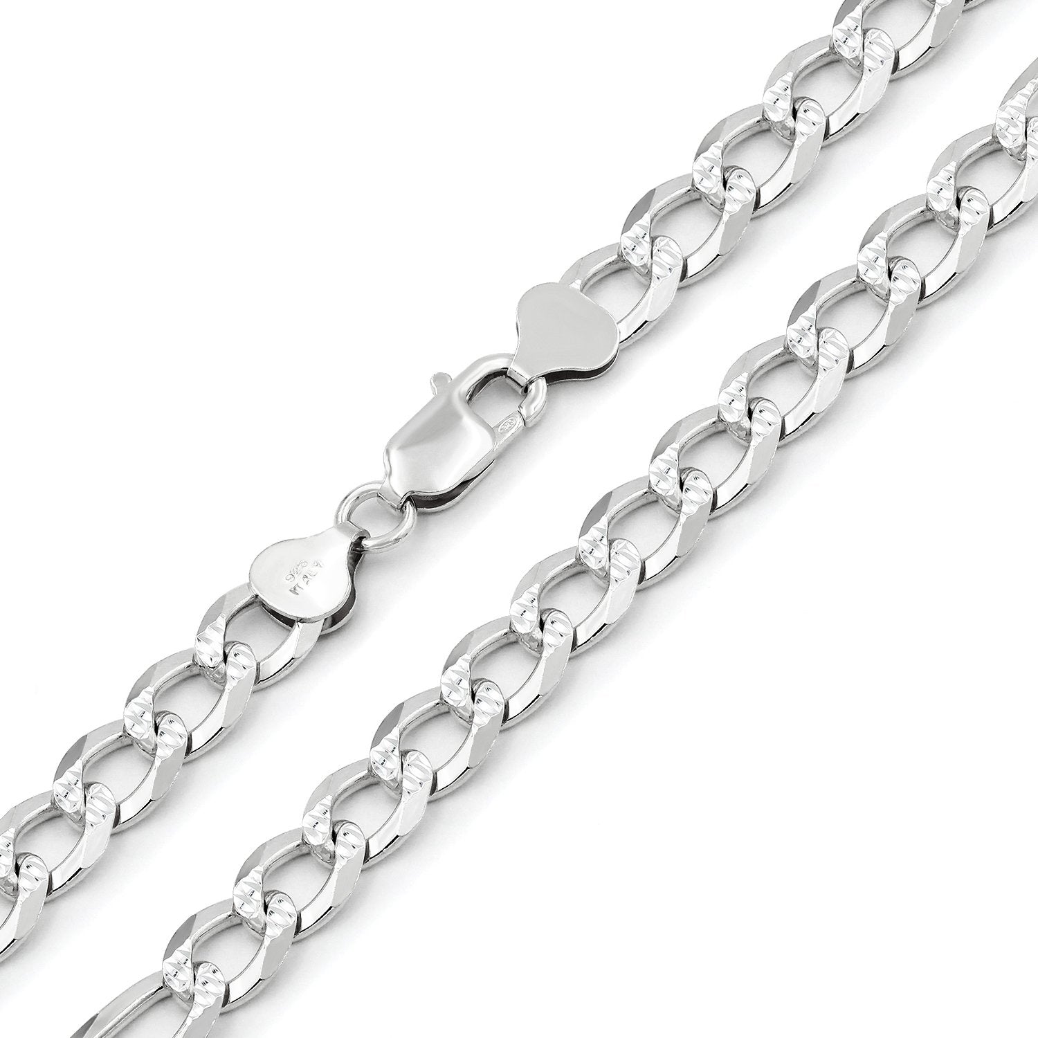 925 Sterling Silver Solid Cuban Diamond Cut Curb Pave Link Chain