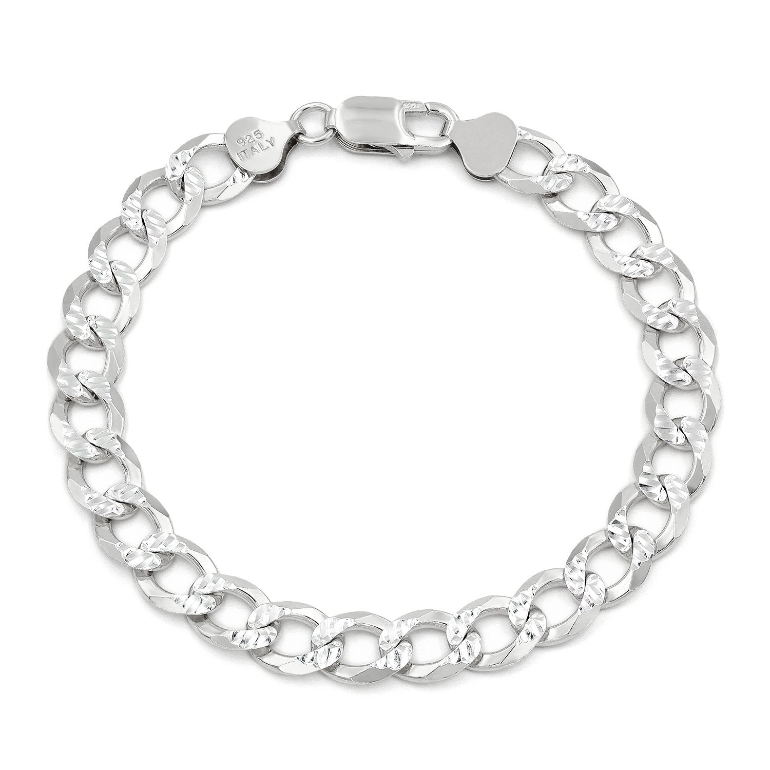 925 Sterling Silver Solid Cuban Diamond Cut Pave Curb Link Brace