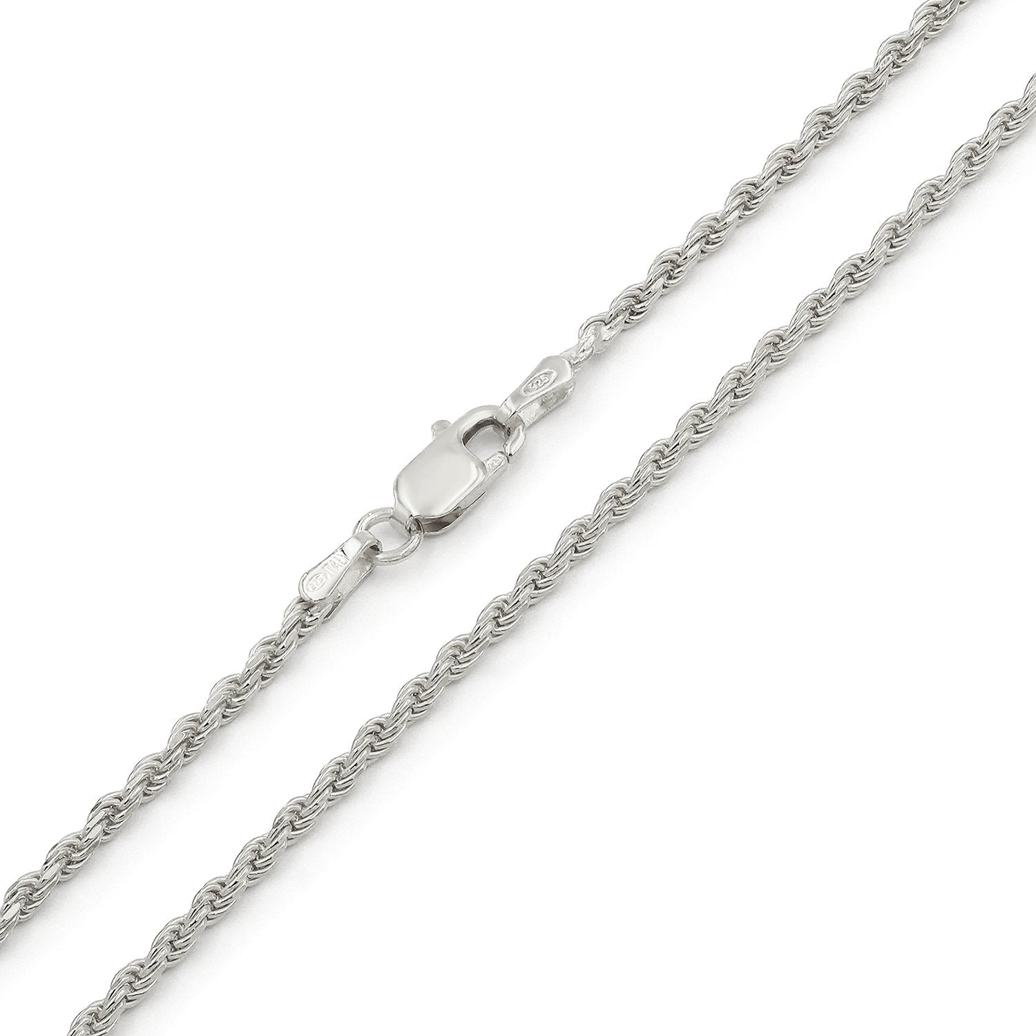 925 Sterling Silver 2mm Solid Rope Diamond Cut Rhodium Chain