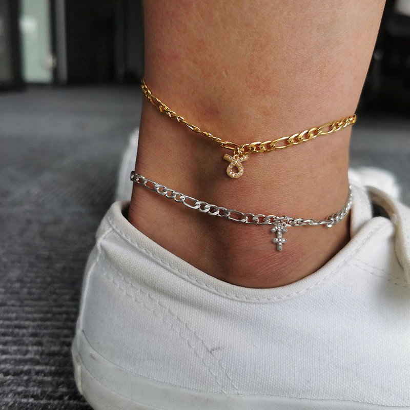 Stainless Steel Gold Plated 4mm Figaro Link Anklet, Zodiac, Constellat