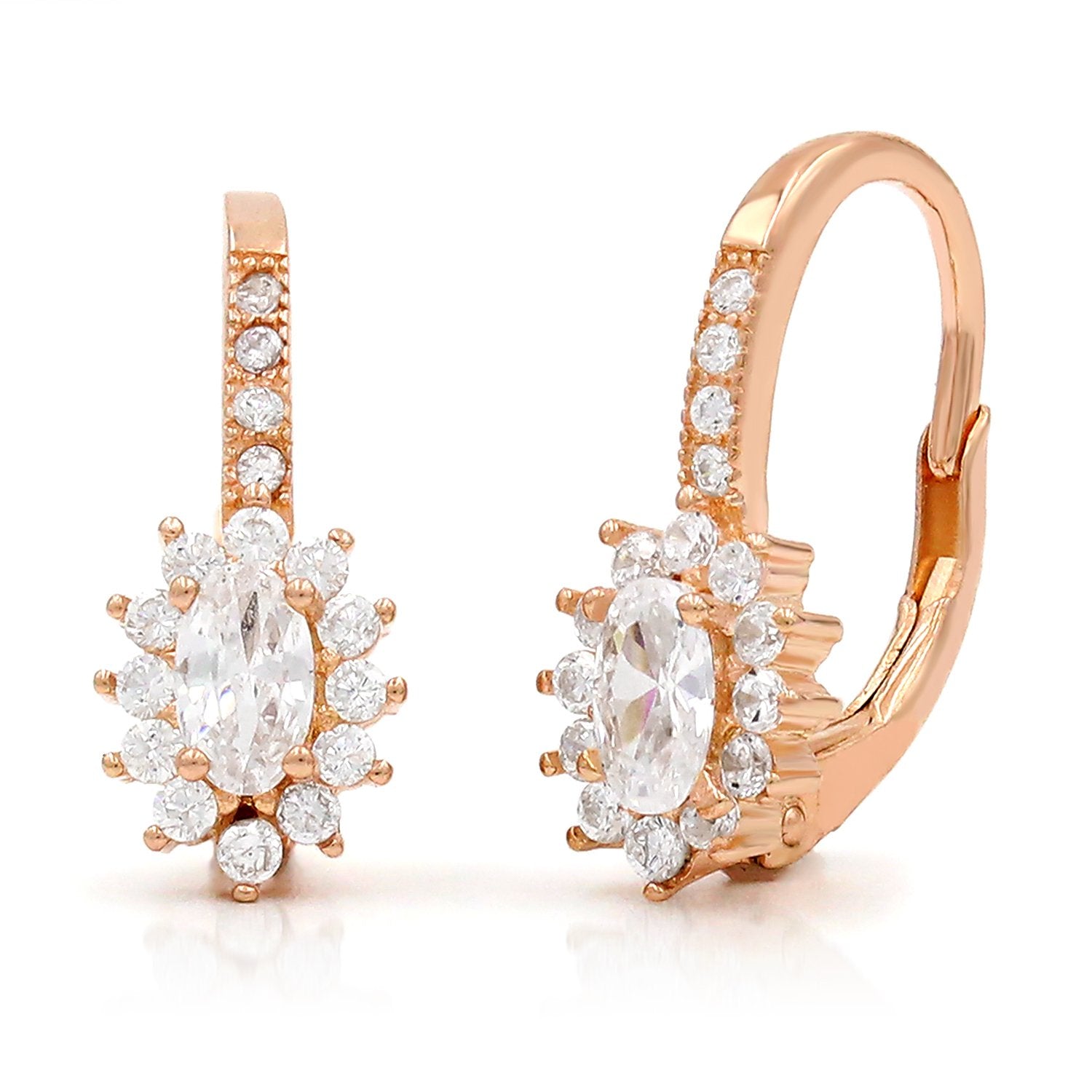 925 Sterling Silver Rose Gold Plated Oval Halo Leverback Drop Earrings –  Giorgio Bergamo