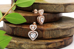 925 Sterling Silver Rose Gold Plated Double Heart Halo Drop Earrings