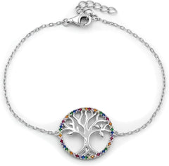 925 Sterling Silver Micro Pave Rainbow Tree of Life Disc Bracelet