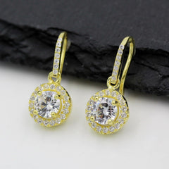 925 Sterling Silver Gold Plated Round Halo Dangle Drop Earring