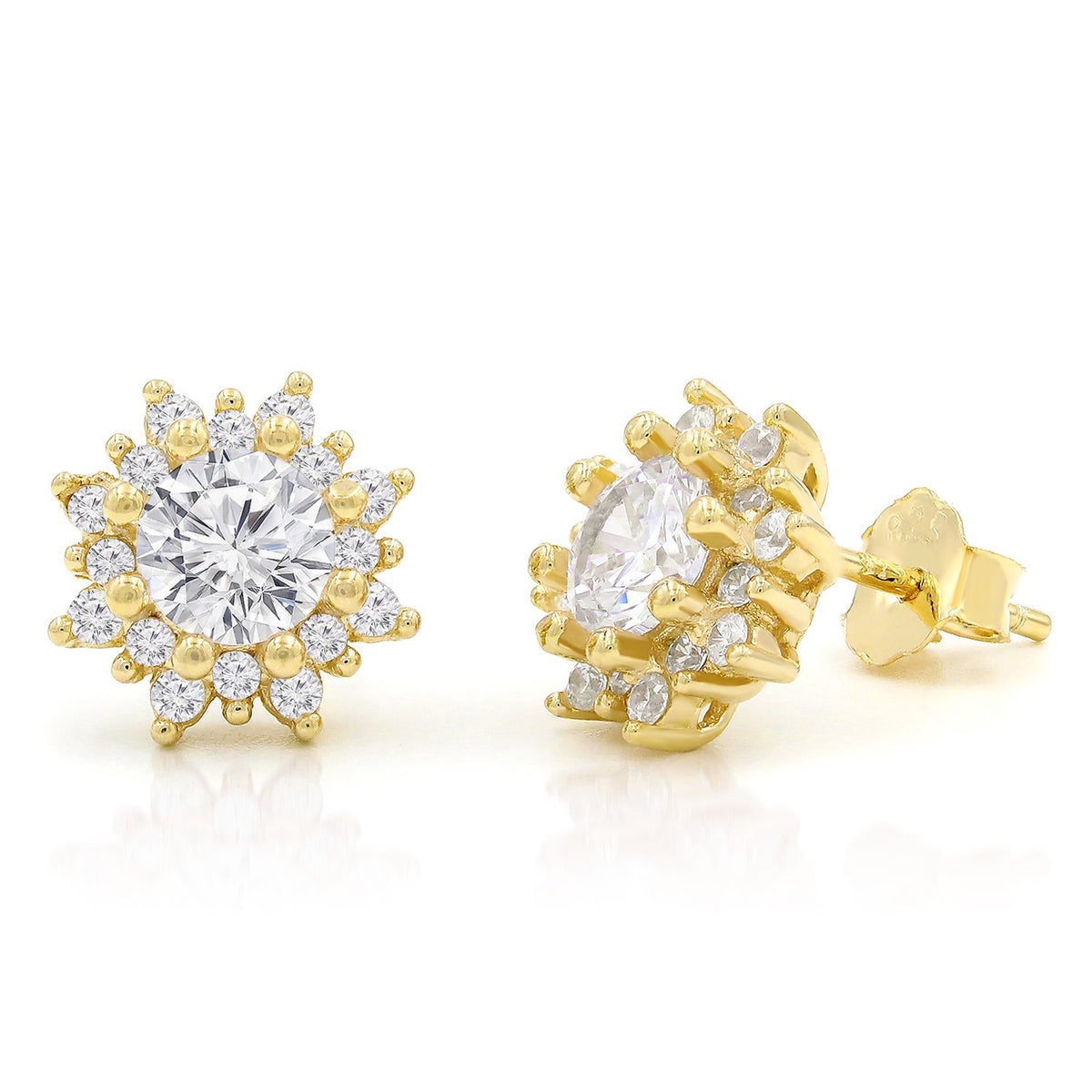 925 Sterling Silver Gold Plated Micro Pave Sunburst Stud Earrings