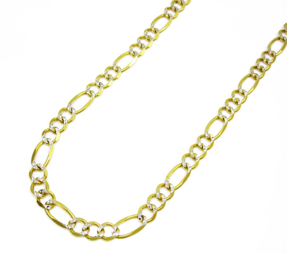 14K Yellow Gold 4.5mm Solid Figaro Diamond Cut Pave Link Chain