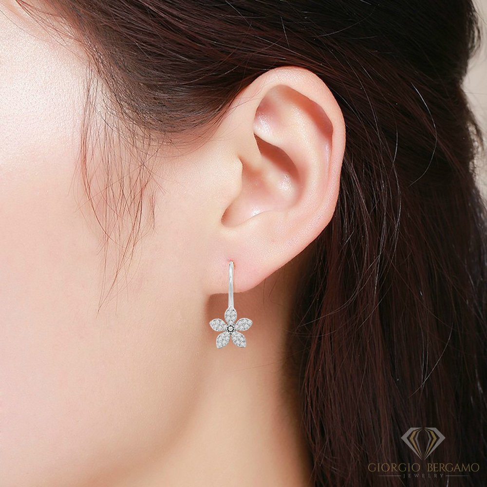 925 Sterling Silver Micro Pave Flower Lever Back Drop Earring