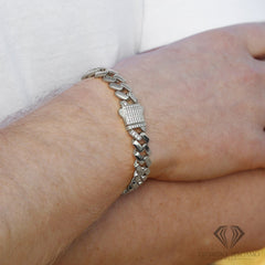 925 Sterling Silver Micro Pave Miami Cuban Edged Chain or Bracelet, Iced Out Lock