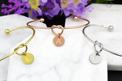 Stainless Steel Gold Plated Initial Disc Love Knot Cuff Bangle Bracelet