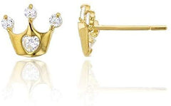 14K Yellow Gold Crystal Princess Crown Childrens Stud Earring
