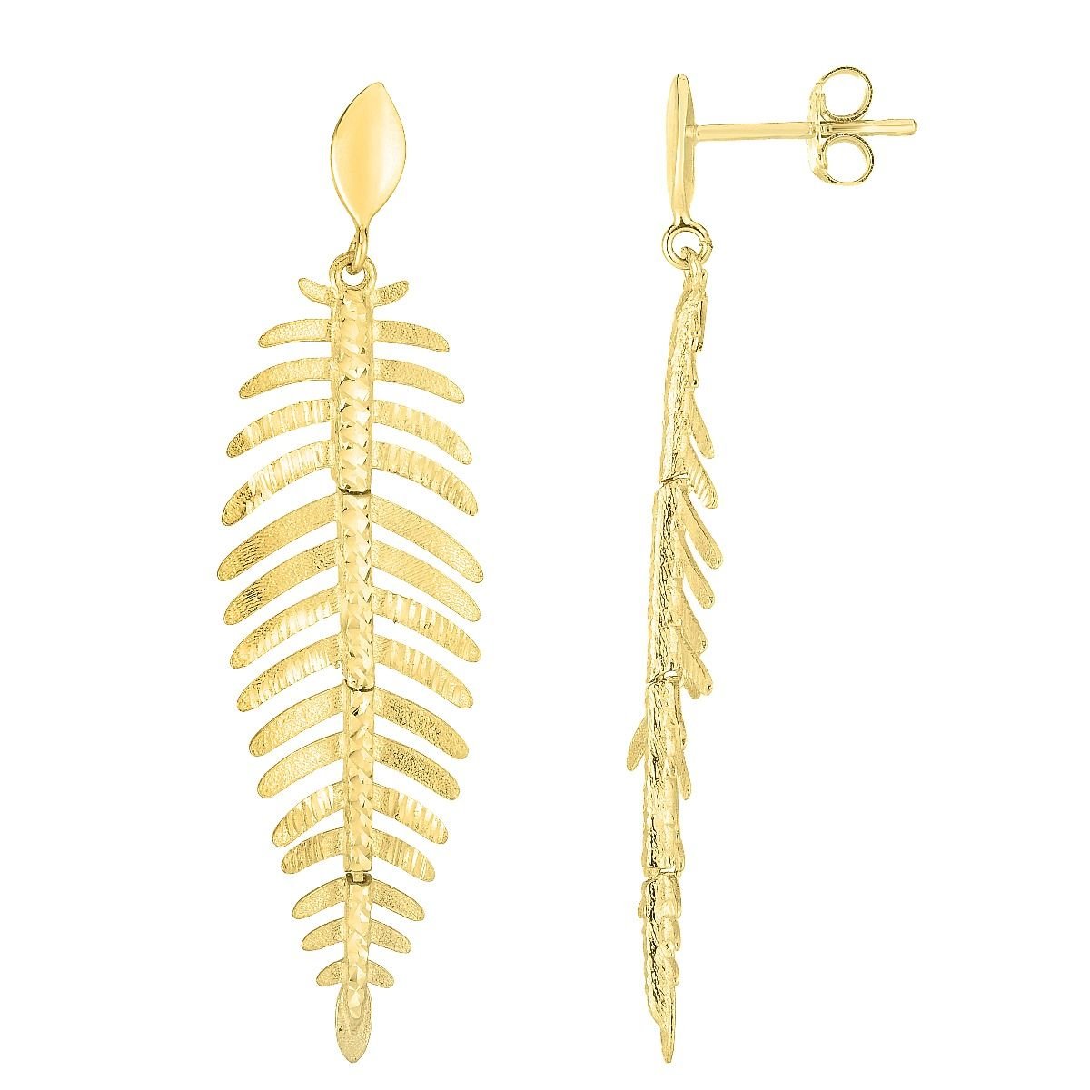14K Yellow Gold Diamond Cut Fancy Leaf Dangle Drop Earrings