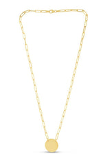 14K Yellow Gold Paper Clip Circle Disc Necklace,Engraveable