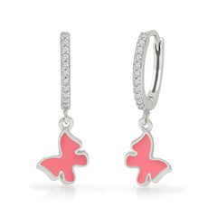 925 Sterling Silver Butterfly Pink Enamel Dangle Drop Earrings