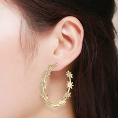 Gold Plated Micro Pave Sunburst Hoop Earring