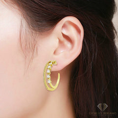 Gold Plated Micro Pave Double Row Pear & Bar Hoop Earring