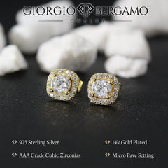925 Sterling Silver Gold Plated Micro Pave Cushion Halo Stud Earring