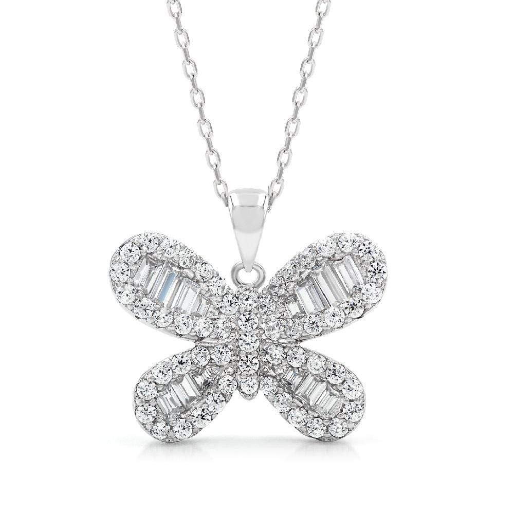 925 Sterling Silver Micro Pave Baguette Butterfly Necklace