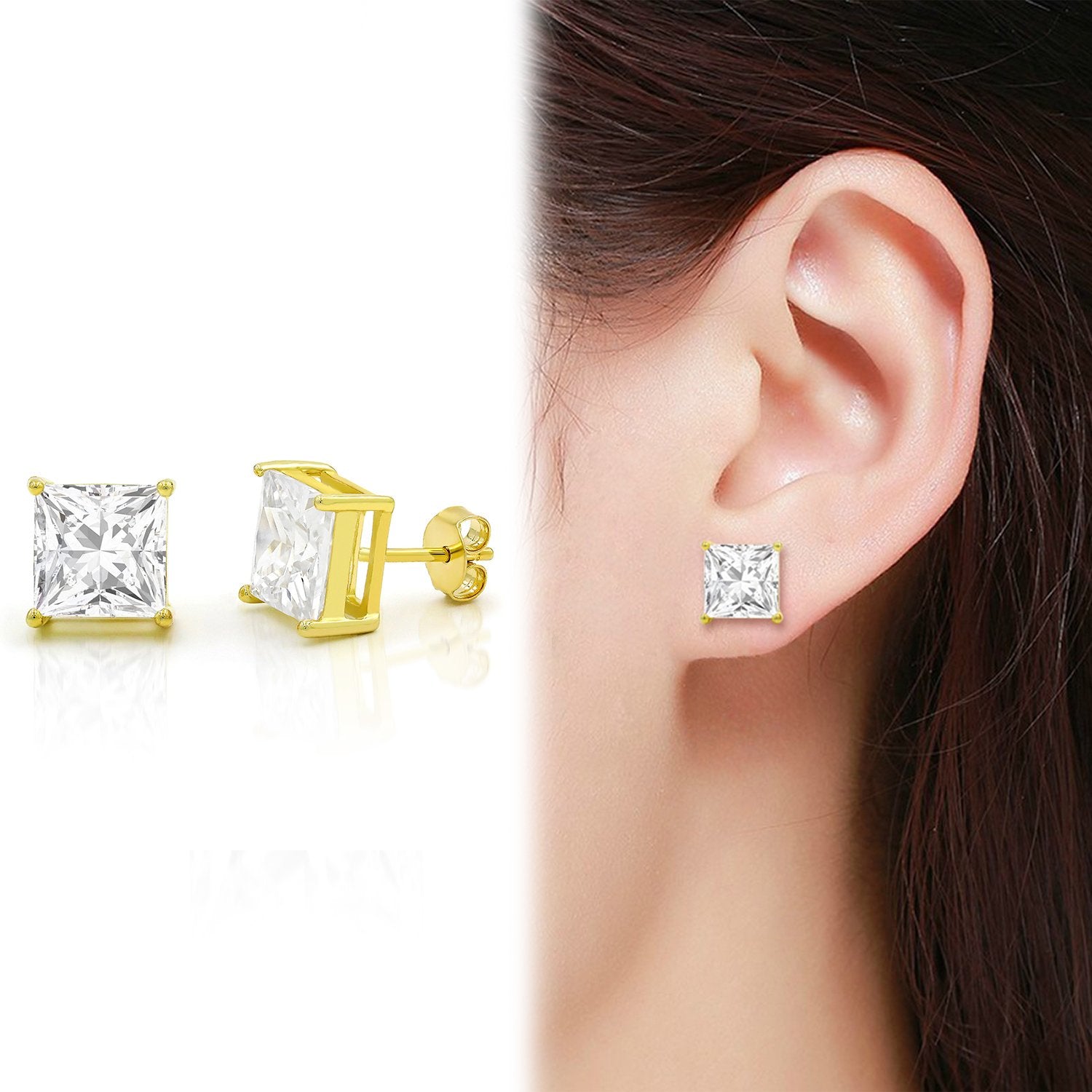 925 Sterling Silver 3mm - 9mm Princess Cut Gold Plated Cubic Zirconia Stud Earrings