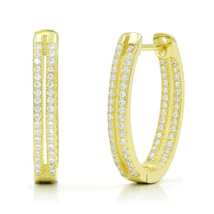 925 Sterling Silver Gold Plated Micro Pave Double Row Oval Inside Out Hoop Earrings