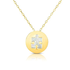 14K Yellow Gold Mother of Pearl Puzzle Piece Disc Pendant Necklace