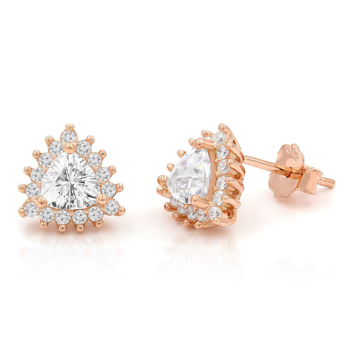 925 Sterling Silver Rose Gold Plated Trillion Halo Stud Earring