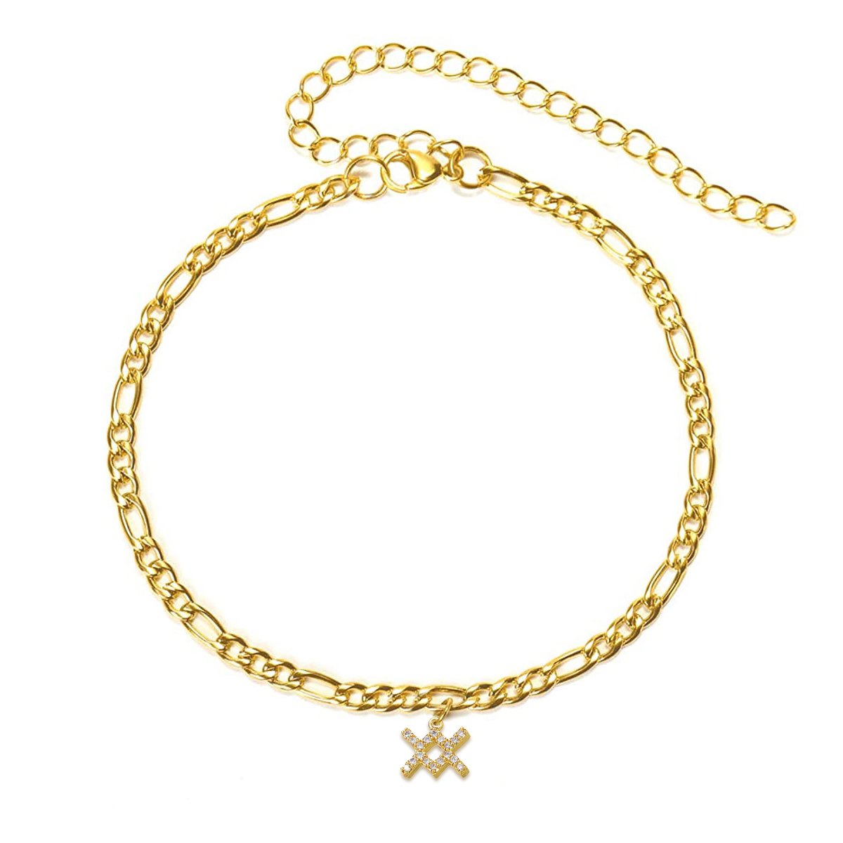 Stainless Steel Gold Plated 4mm Figaro Link Anklet, Zodiac, Constellation, Horoscope Cubic Zirconia Ankle Bracelet
