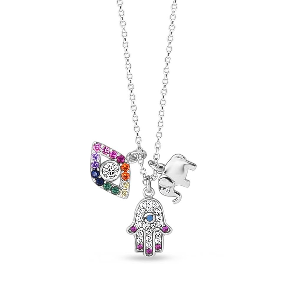 925 Sterling Silver Colorful Rainbow Hamsa, Evil Eye, Charm Necklace