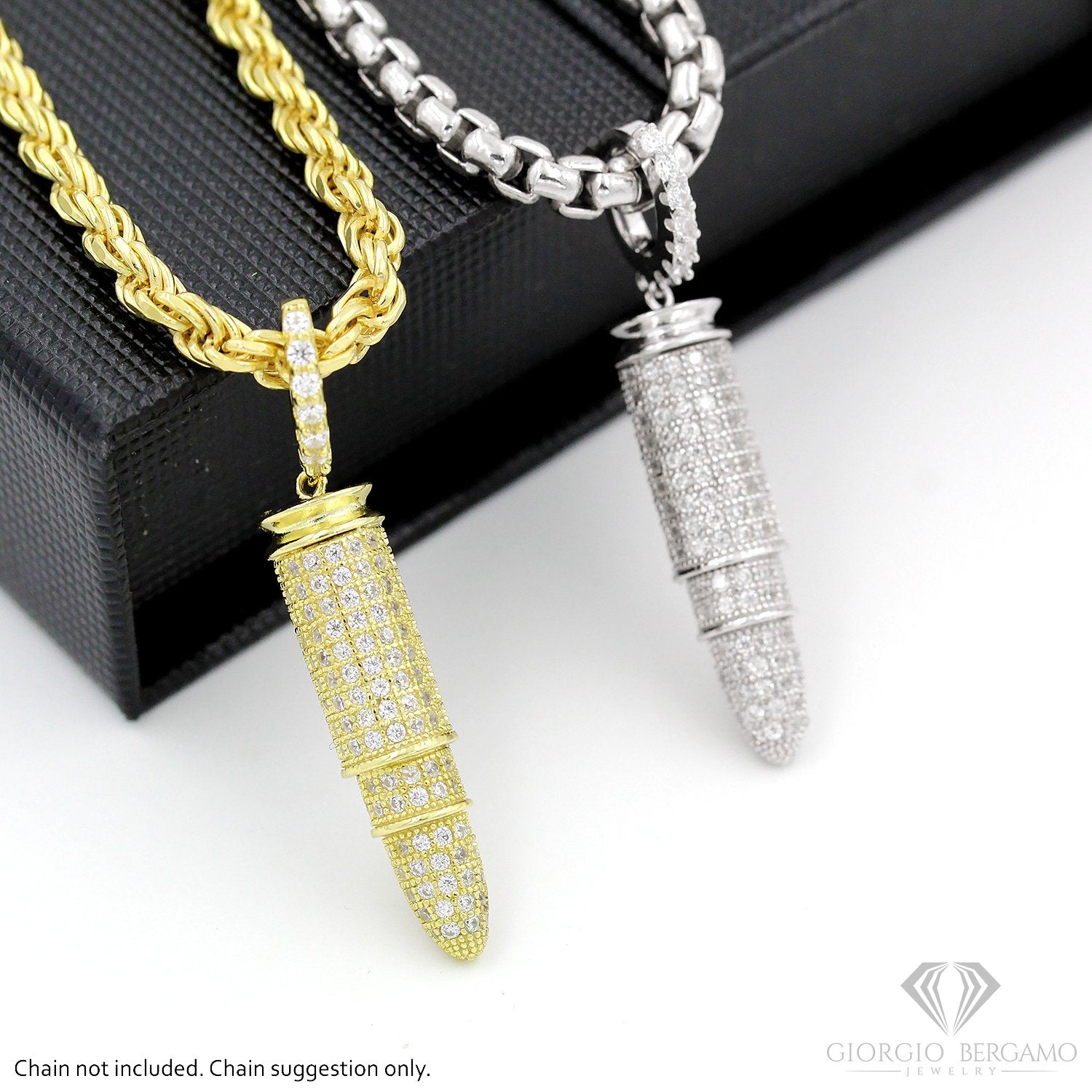 925 Sterling Silver Micro Pave 3D Rifle Bullet Pendant Only