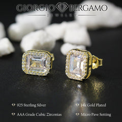 925 Sterling Silver Gold Plated Micro Pave Emerald Halo Stud Earring