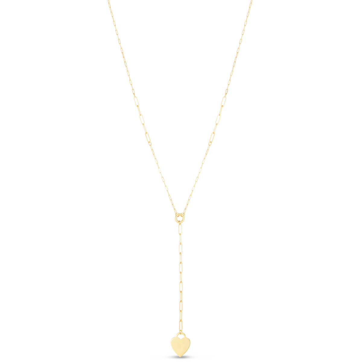 14K Yellow Gold Heart Lariat Paper Clip Necklace