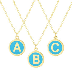 14K Yellow Gold Turquoise Enamel Initial Disc Pendant Necklace