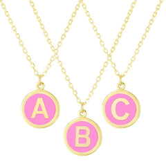 14K Yellow Gold Pink Enamel Initial Disc Pendant Necklace