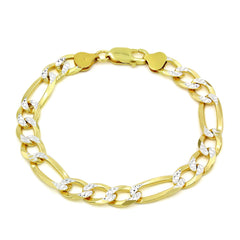 925 Sterling Silver Solid Figaro 8.5mm Diamond Cut Two Tone Pave Bracelet
