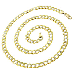 14K Yellow Gold 7mm Solid Cuban Diamond Cut Pave Curb Link Chain