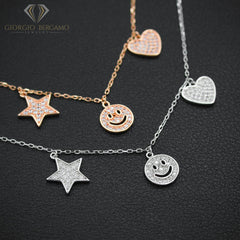 925 Sterling Silver Micro Pave Heart, Emoji, Star, Charm Necklace