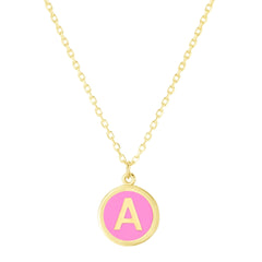 14K Yellow Gold Pink Enamel Initial Disc Pendant Necklace