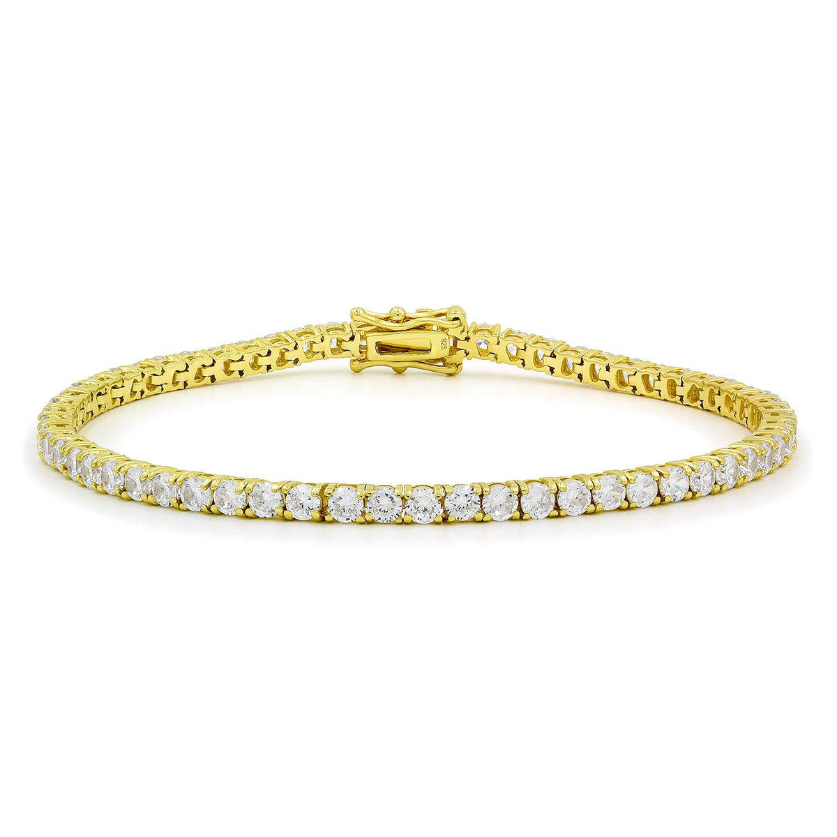 925 Sterling Silver 3mm Round Cut Tennis Bracelet, Yellow Gold Plated