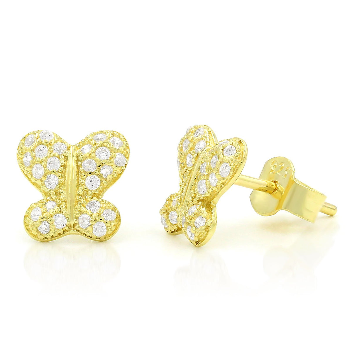 925 Sterling Silver Gold Plated Micro Pave Butterfly Stud Earrings