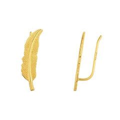 14K Yellow Gold Textured Leaf Ear Climber Earrings