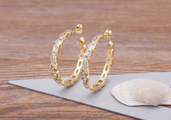 Gold Plated Trendy Alternating Stone Hoop Earrings