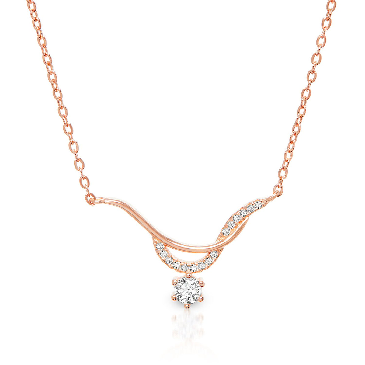 925 Sterling Silver Rose Gold Plated Micro Pave Curved Bar Necklace