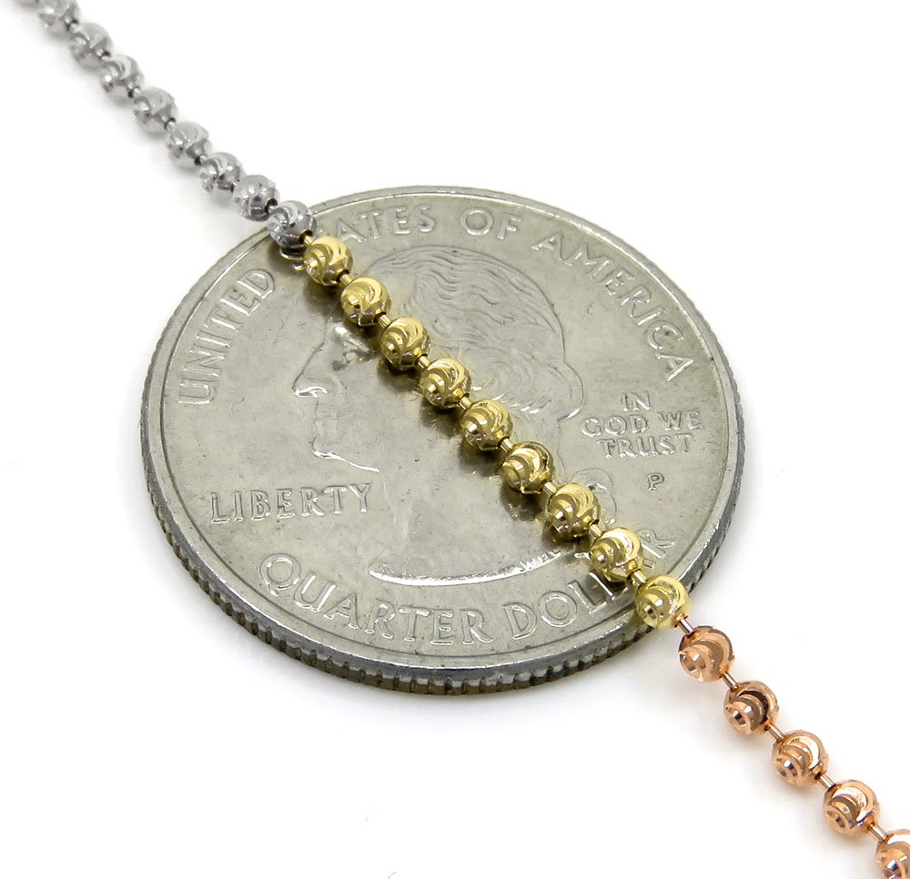 14K Tri-Color Gold 2mm Ball Bead Moon Cut Chain