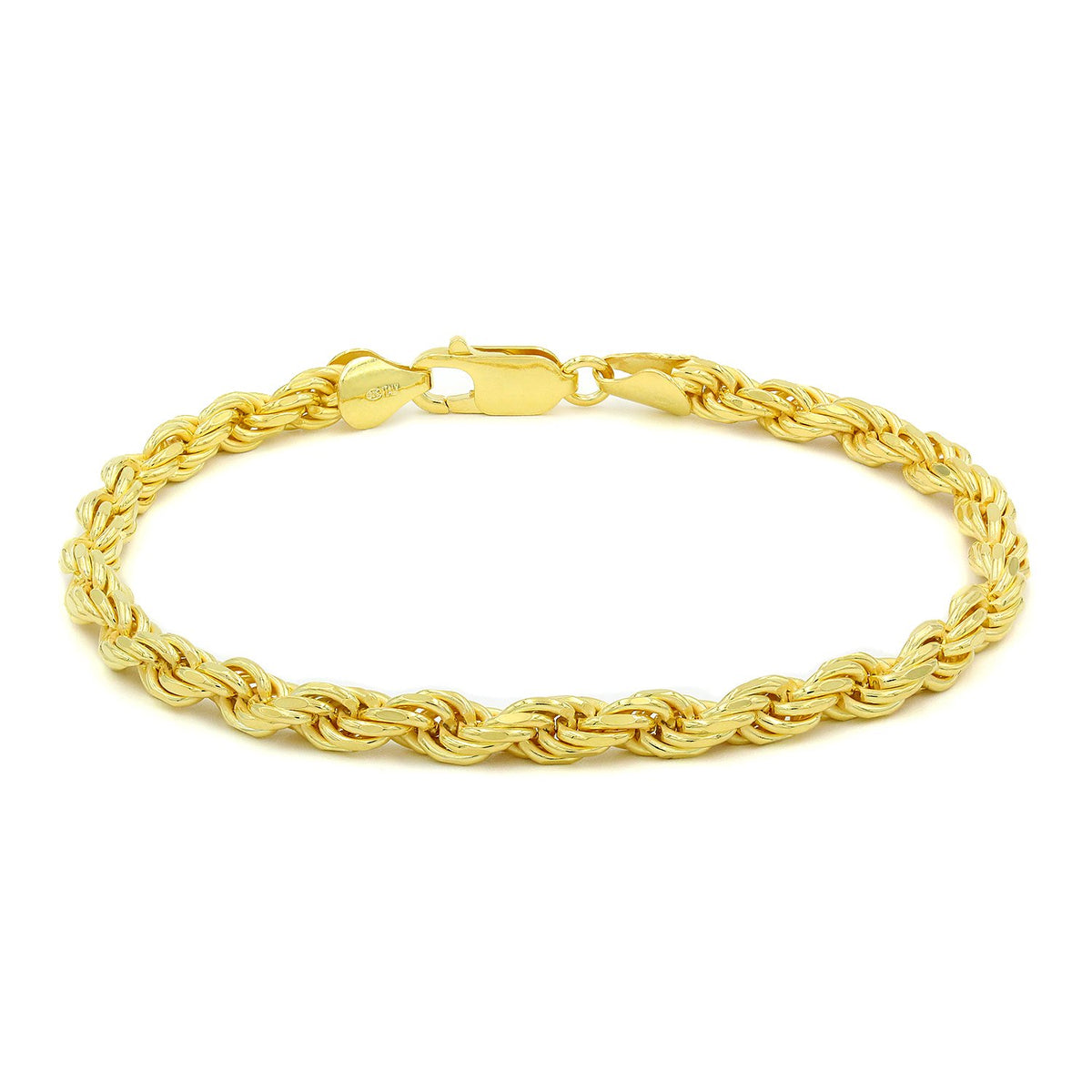 925 Sterling Silver 5mm Solid Rope Diamond Cut Gold Plated Bracelet
