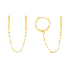14K Yellow Gold Double Pierced Chain Huggie Earrings