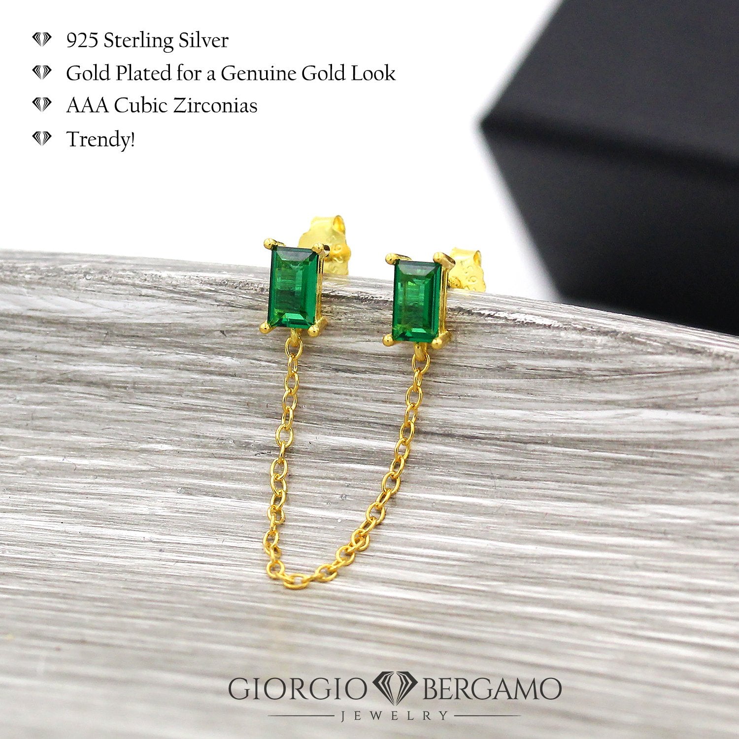 925 Sterling Silver Gold Plated Minimalist Emerald Chain Link Double Piercing Earring